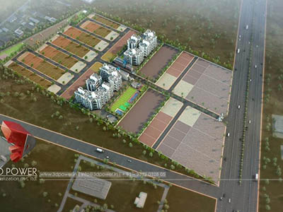 Hyderabad-3d-rendering-company-3d-animation-apartment-rendering-townhsip-buildings-birds-eye-veiw-evening-view