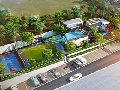 Hyderabad-Apartment-Parking-garden-bird-view-rendering-company-animation-services