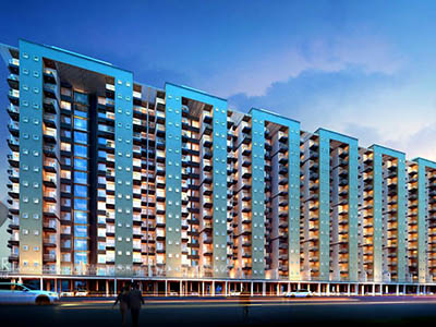 Hyderabad-Apartments-highrise-elevation-front-evening-view-rendering-company-animation-services